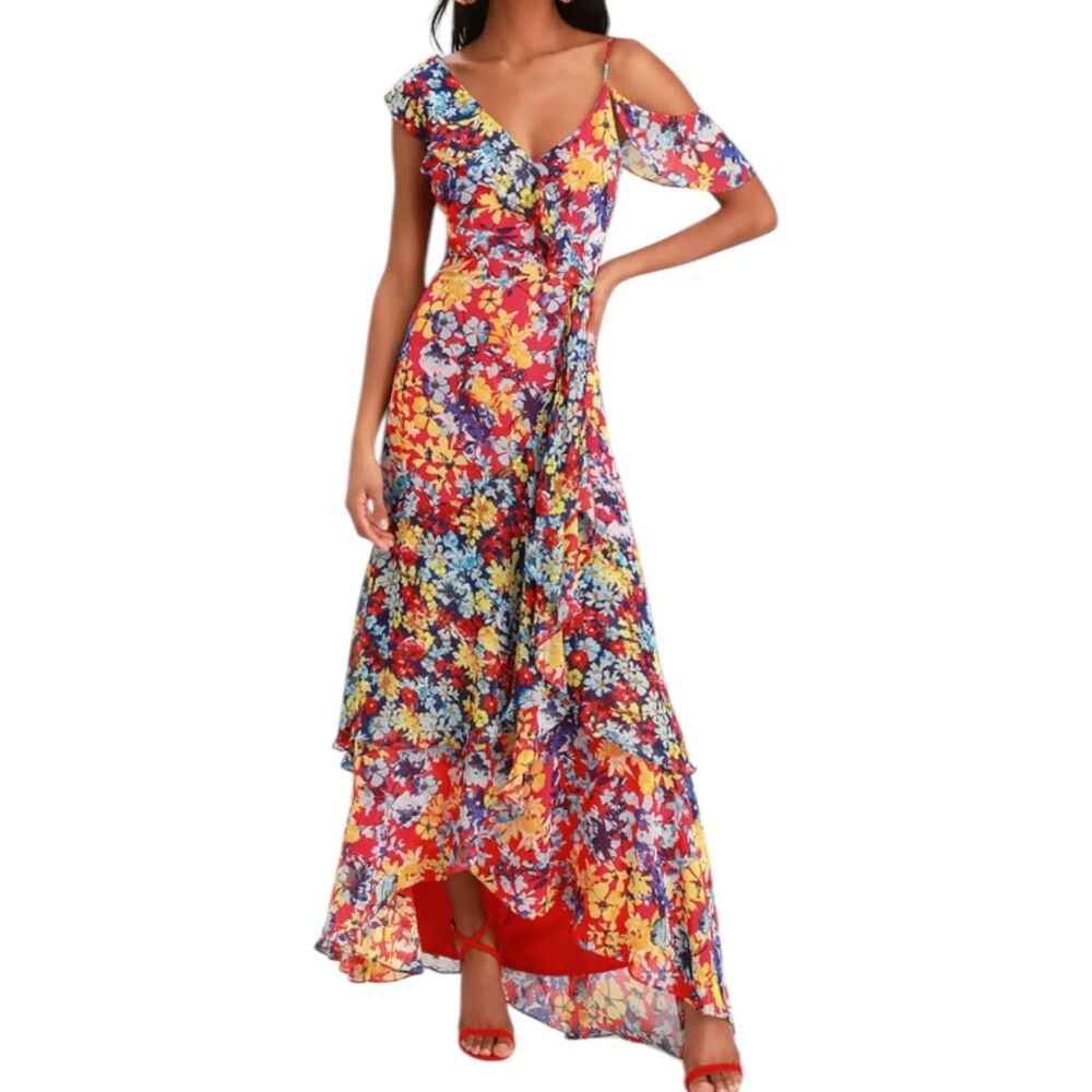 NWT Lulus Radiant Ruby Red Floral Print Chiffon Maxi Dress Wedding Guest Boho